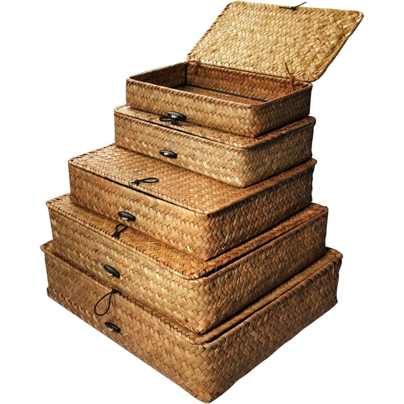 5 Pcs Brown Seagrass Baskets With Lids