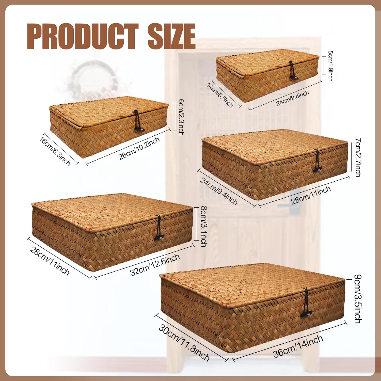 5 Pcs Brown Seagrass Baskets With Lids