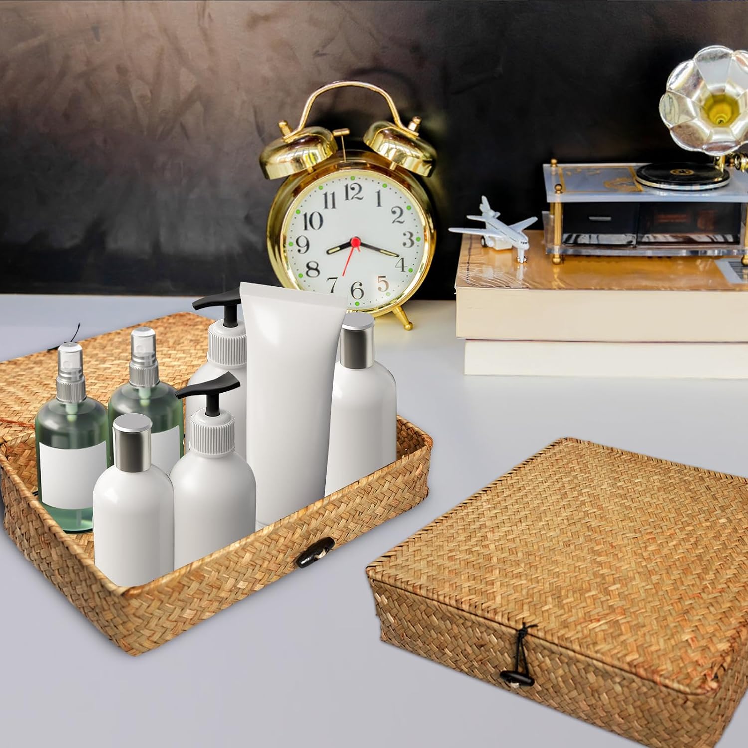 5 Pcs Brown Seagrass Baskets With Lids