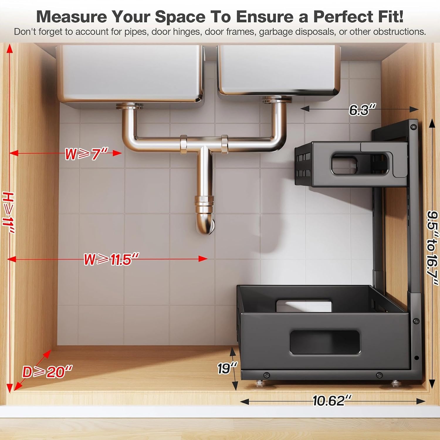 2 Pack Black 19IN-Depth Under Sink Organizer