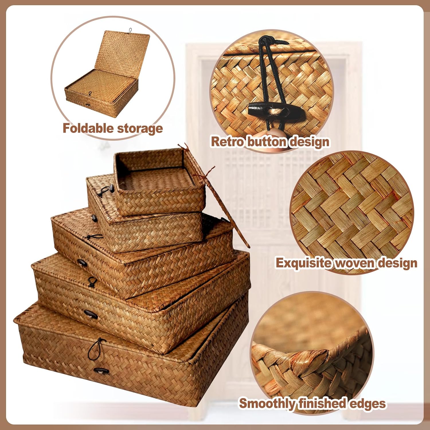 5 Pcs Brown Seagrass Baskets With Lids