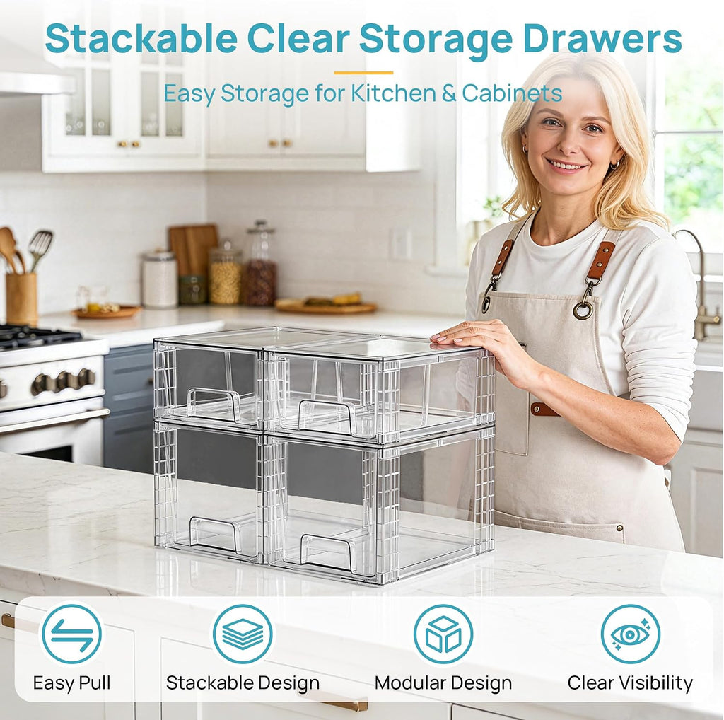 4 Pack Clear Stackable Storage Drawers