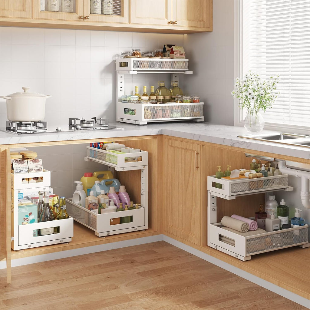 2-Pack White L-Shaped 2-Tier Under Sink Organizer