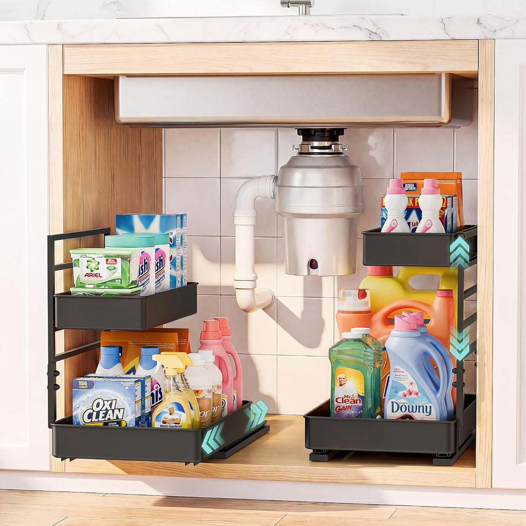 2 Sets 2 Tier Pull Out Under Sink Shelf
