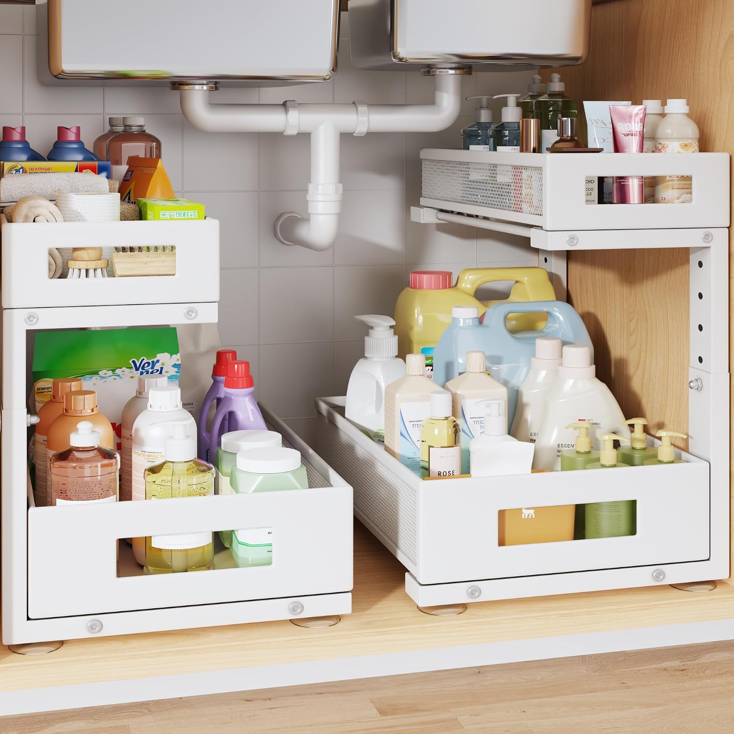2-Pack White L-Shaped 2-Tier Under Sink Organizer