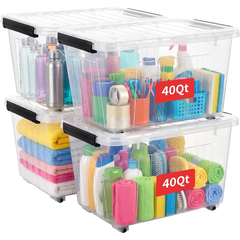 4 Pack 40Qt Clear Storage Bins with Wheels